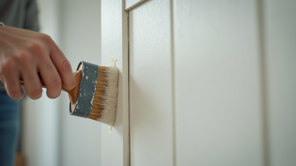 Close-up view of painter applying primer on cabinet door
