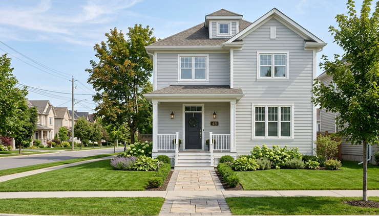 Wide-angle view of a freshly painted Ottawa home exterior in soft daylight