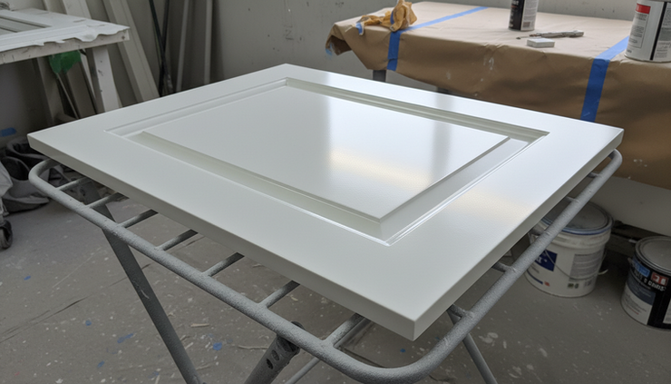 Close-up view of a freshly sprayed MDF shaker cabinet door with a smooth white finish.