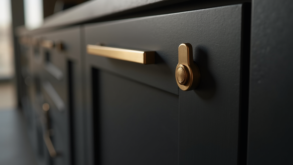 Close-up view of matte black kitchen cabinet door with modern brushed gold handle