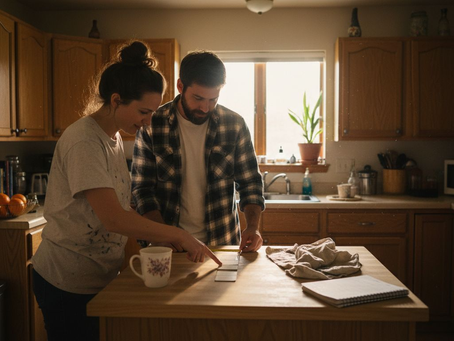 Couple choosing between kitchen cabinet options