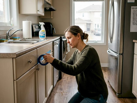 Woman prepping kitchen cabinets in real Ottawa home
