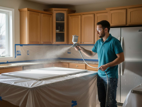 Painter respraying Ottawa kitchen cabinets