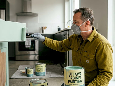 Painter applying paint on kitchen cabinet door