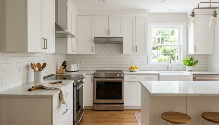 Wide-angle view of a bright kitchen with white thermofoil cabinet doors ready for a refresh.