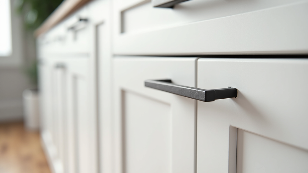Eye-level view of freshly painted white kitchen cabinets with modern handles