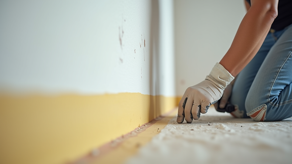 Eye-level view of painter taping edges before painting a wall