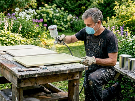 DIYer spray painting kitchen cabinet doors in home