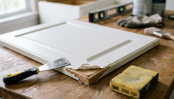 Close-up view of a thermofoil cabinet corner with slight peeling at the edge.
