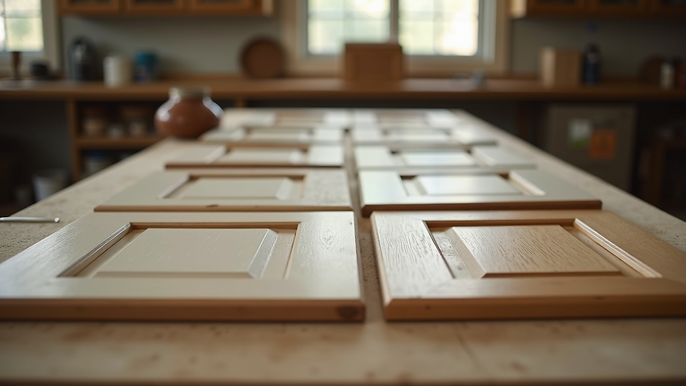 Eye-level view of painted oak cabinet doors drying on a workbench