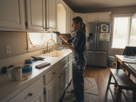 Painter prepping kitchen cabinets for painting