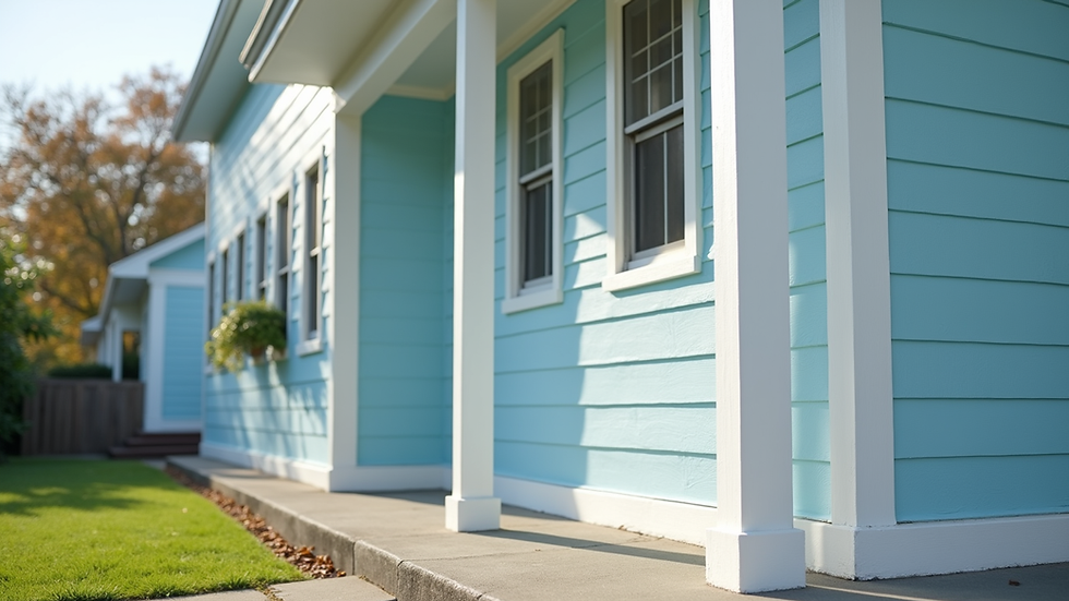Eye-level view of a freshly painted house exterior with clean white trim and blue siding