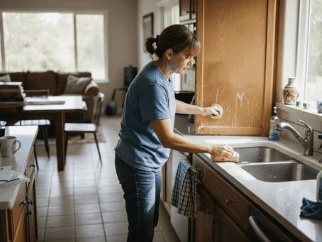 Homeowner cleaning kitchen cabinet doors