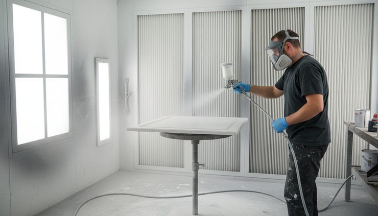 Eye-level view of a spray gun applying a white coating to a cabinet door