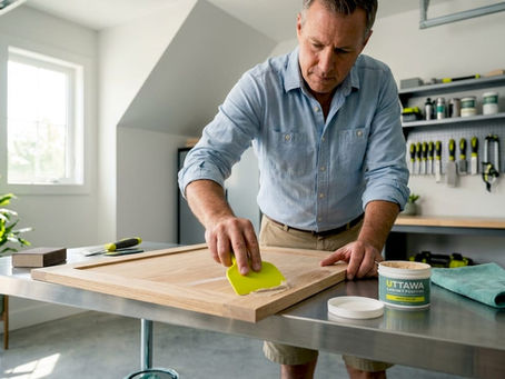 Homeowner applying grain filler to oak cabinet door
