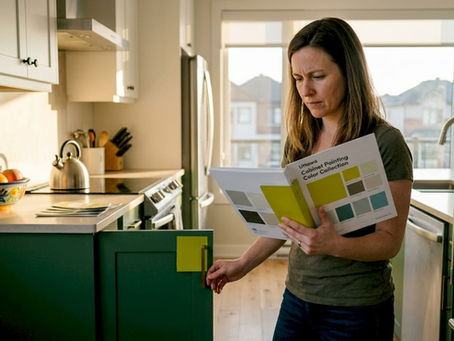 Homeowner testing two-tone kitchen cabinet colors