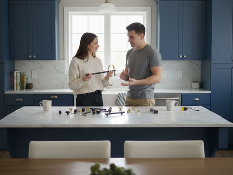 Couple choosing new cabinet hardware in modern Ottawa kitchen