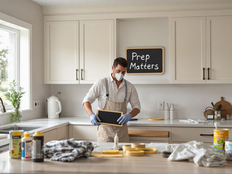 Homeowner preparing kitchen cabinets for painting with prep tools visible