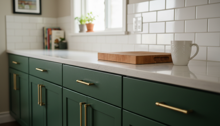 Eye-level view of painted lower cabinets with new brass hardware and a clean countertop