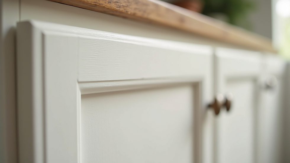 Close-up view of freshly refinished kitchen cabinet door with smooth paint finish