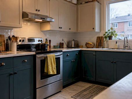 Warm and cool tones on kitchen cabinets