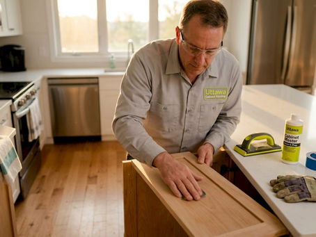 Professional inspecting sanded kitchen cabinet surface