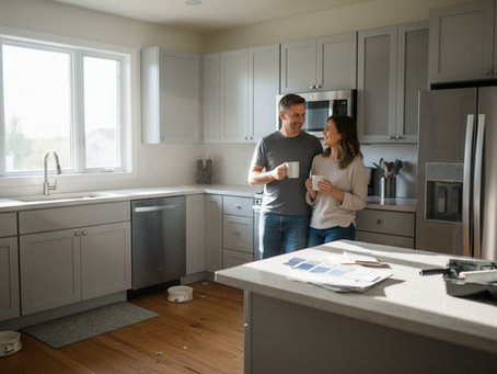 Couple comparing satin and semi-gloss cabinets