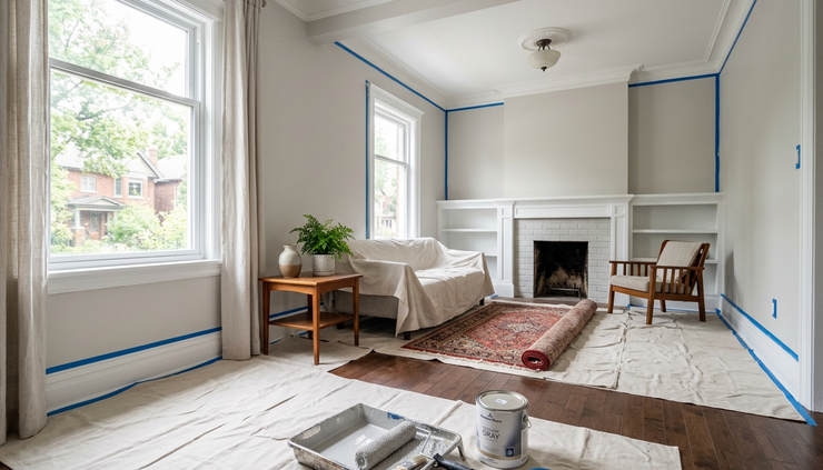 Medium view of a tidy living room with protected floors and freshly painted walls