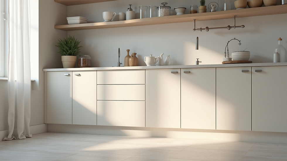 Eye-level view of freshly painted kitchen cabinets with satin finish