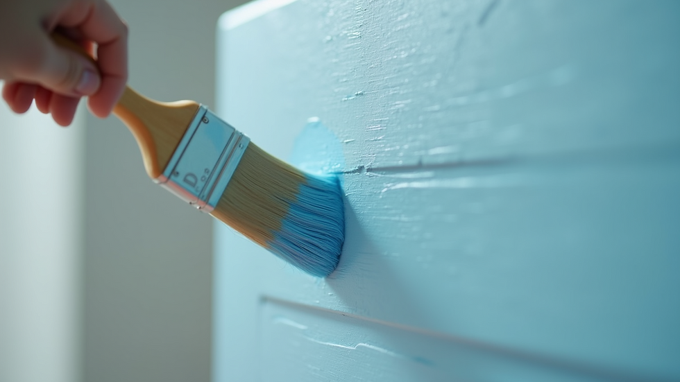 Close-up view of paintbrush applying light blue paint on kitchen cabinet door