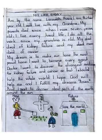 A child's story with text and a picture at the bottom. It is part of the Seeds for Development Story Competition
