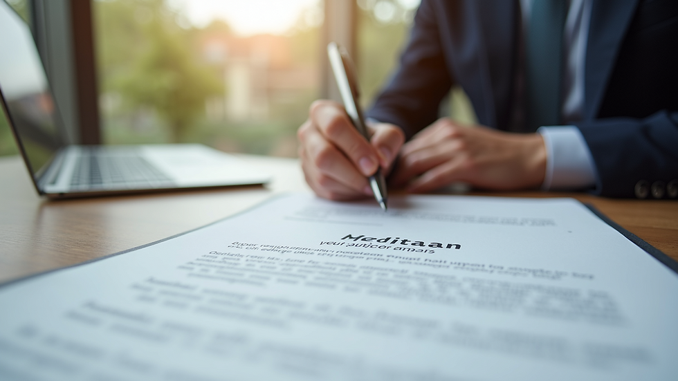 Close-up view of mediation agreement documents on a table