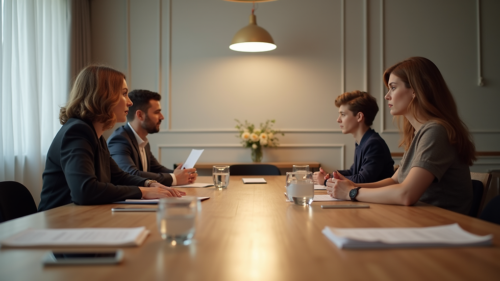 Eye-level view of a round table set for a family mediation session