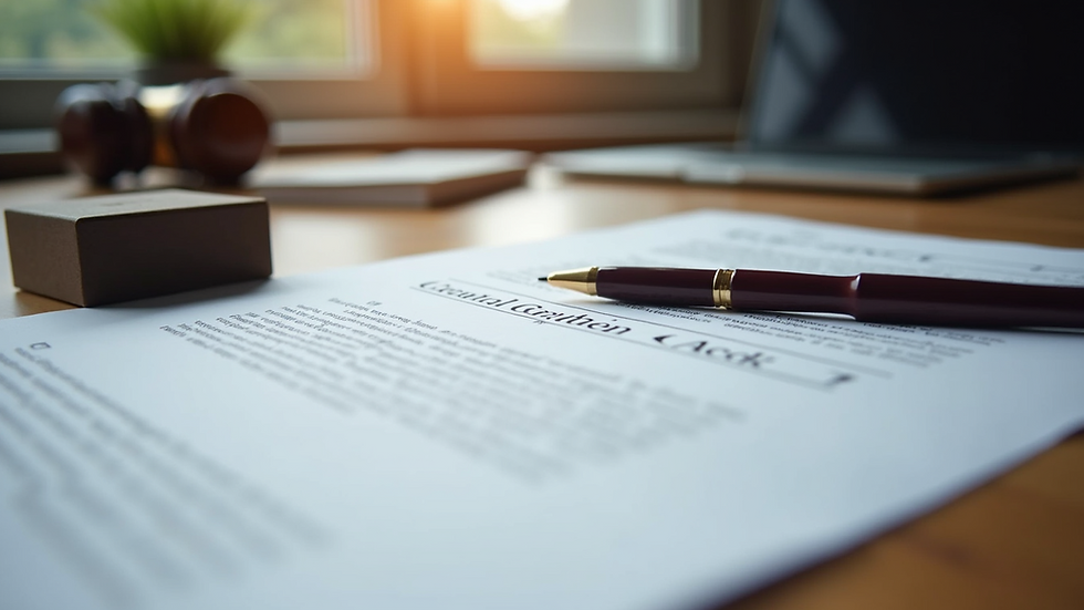 Eye-level view of a legal contract on a wooden desk