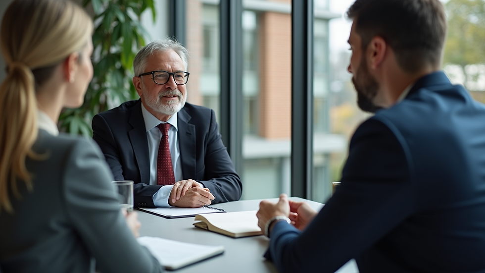 Close-up view of a mediator facilitating a discussion between two parties