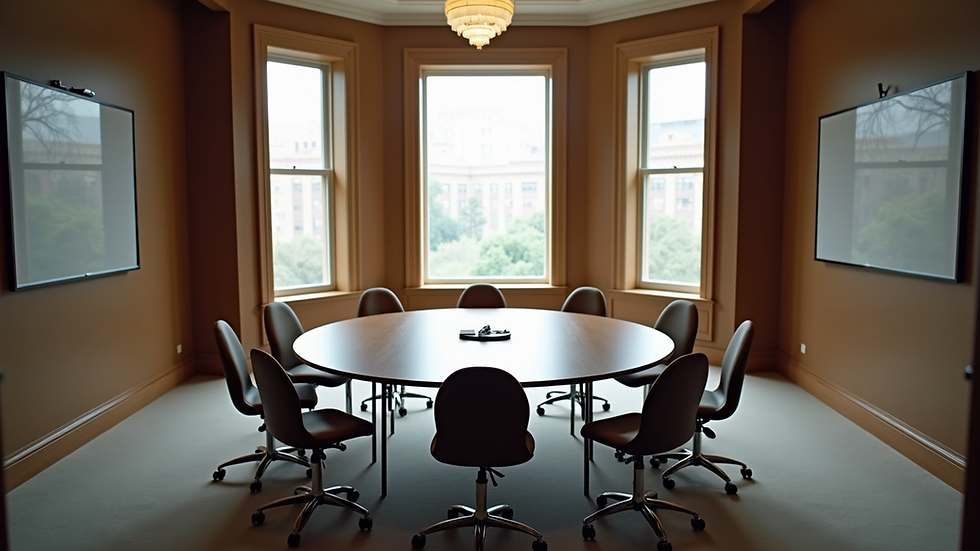 Eye-level view of a round table with chairs arranged for a mediation session
