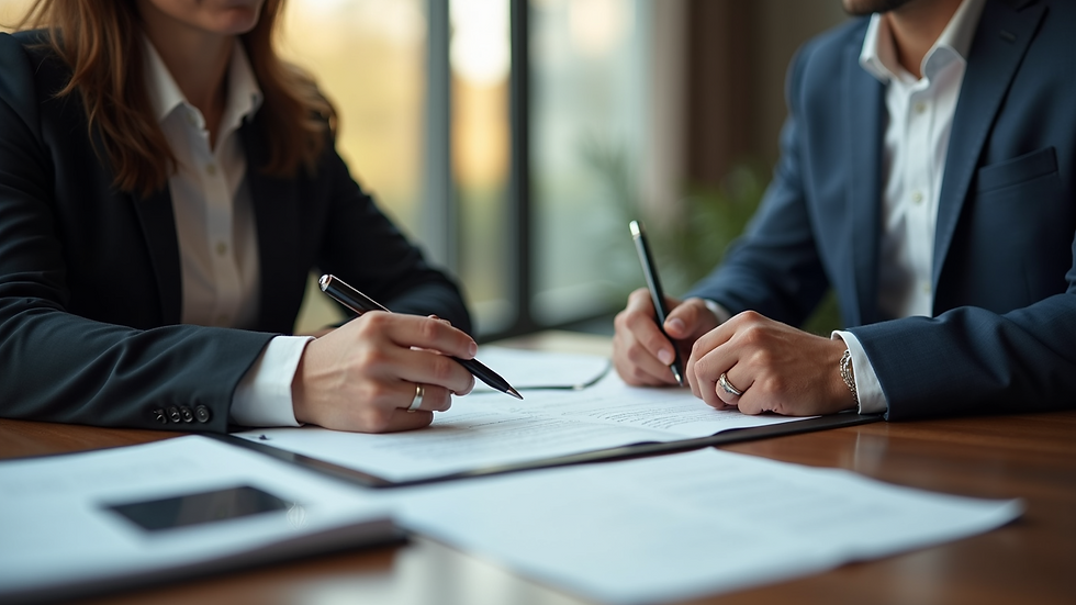 High angle view of business professionals reviewing documents during mediation