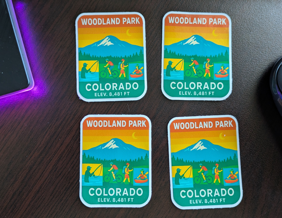 Woodland Park Co water bottle stickers Decals with mountain range, activities