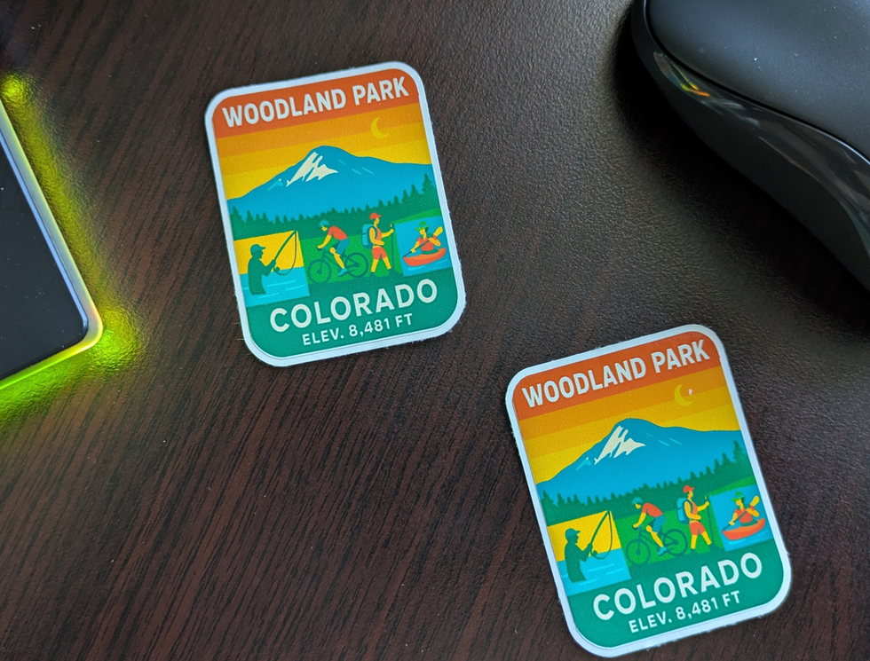 Woodland Park Co water bottle stickers Decals with mountain range, activities