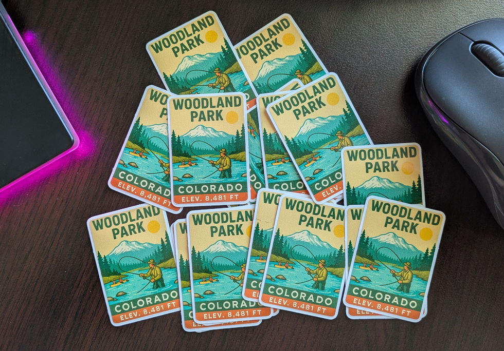 Woodland Park water bottle, laptop stickers Decals Mountain range, fishing stream, fly fishing
