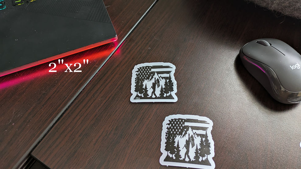 Vinyl Decal silhouette of Sasquatch giving the rock-on hand gesture while walking with an American Flag over his shoulder