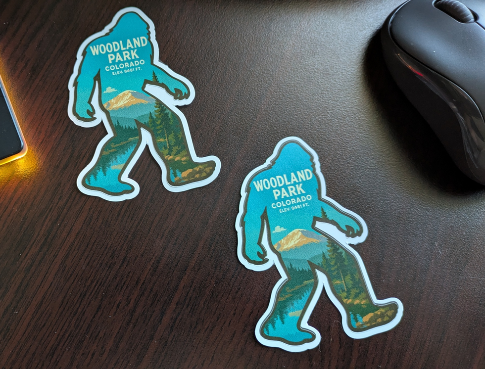 Woodland Park, Colorado Bigfoot Sasquatch silhouette stickers, decals with the elevation and city