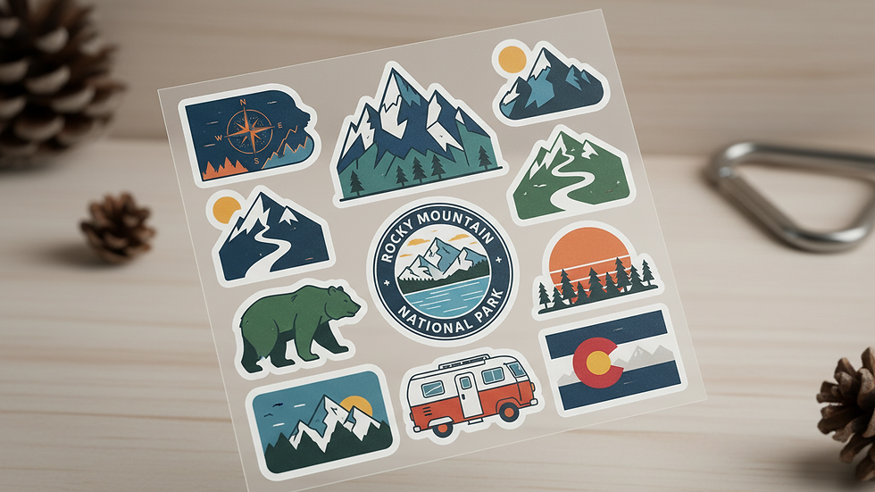 Close-up of a colorful sticker sheet with outdoor-themed designs