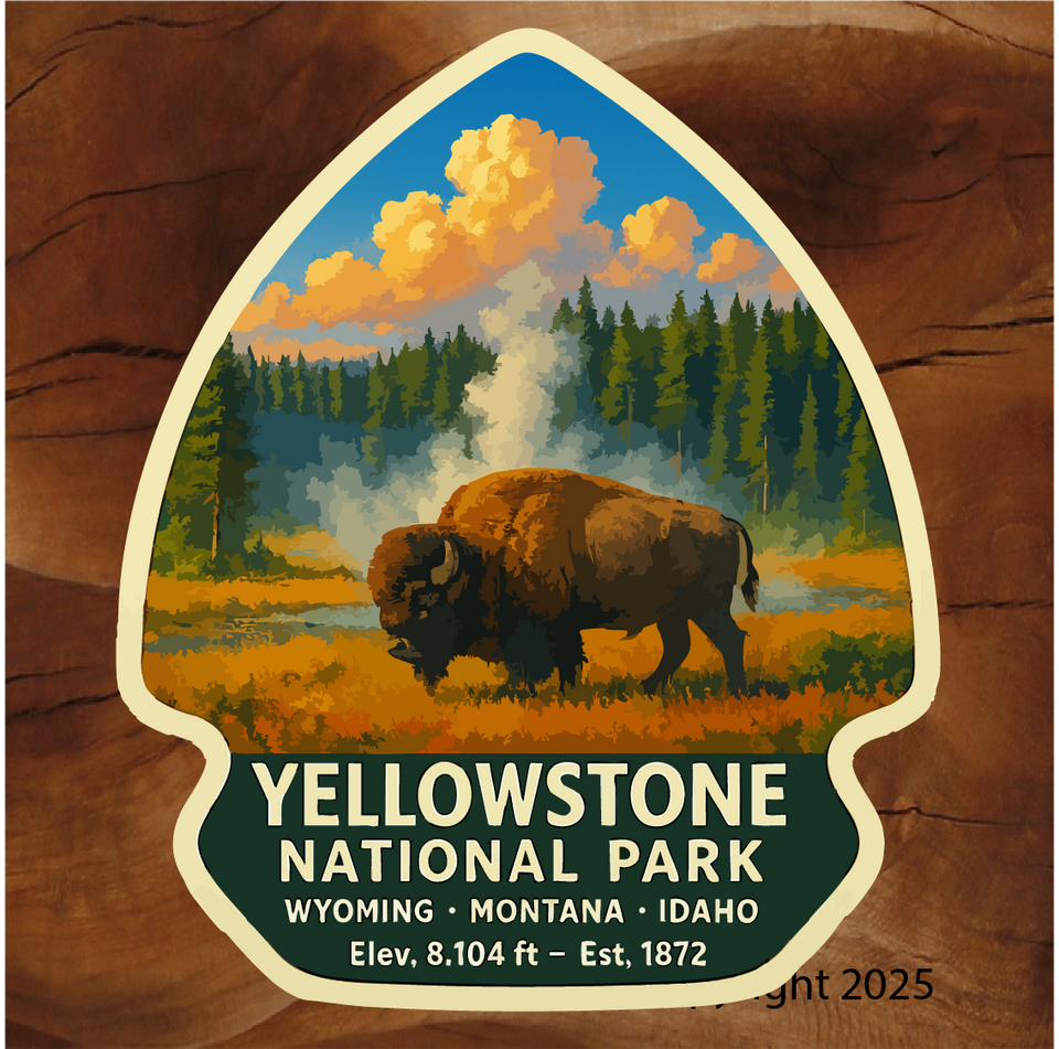 Yellowstone National Park vinyl stickers geyser, bison artwork Famous Brian Lloyd Designs of Colorado