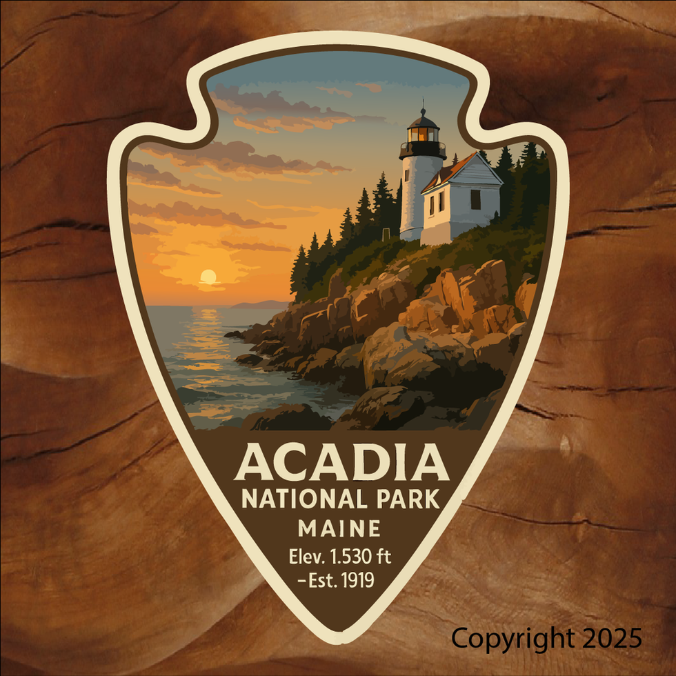 National Park stickers, Decal with elevation, established year, Acadia national park Maine light house Brian Lloyd Designs