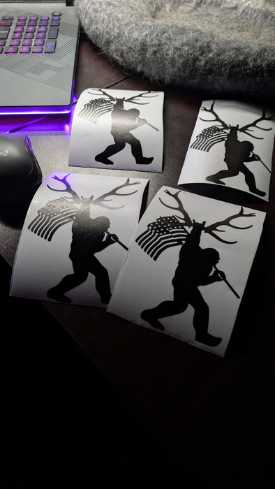 Sasquatch Bigfoot Elk Antlers American flag trees mountains Decals / Stickers Woodland Park, Co