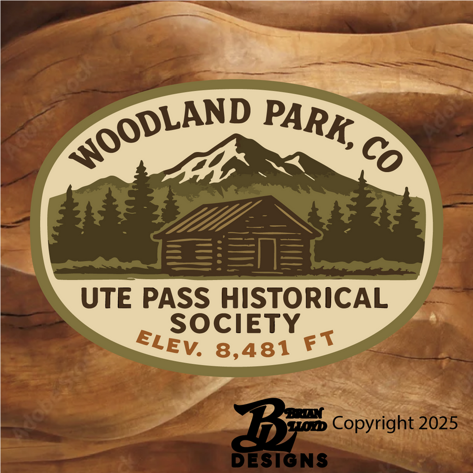 Ute Pass Historical Society sticker, Decals Woodland Park, Colorado printing Brian Lloyd Designs Pikes Peak Printing Colorado