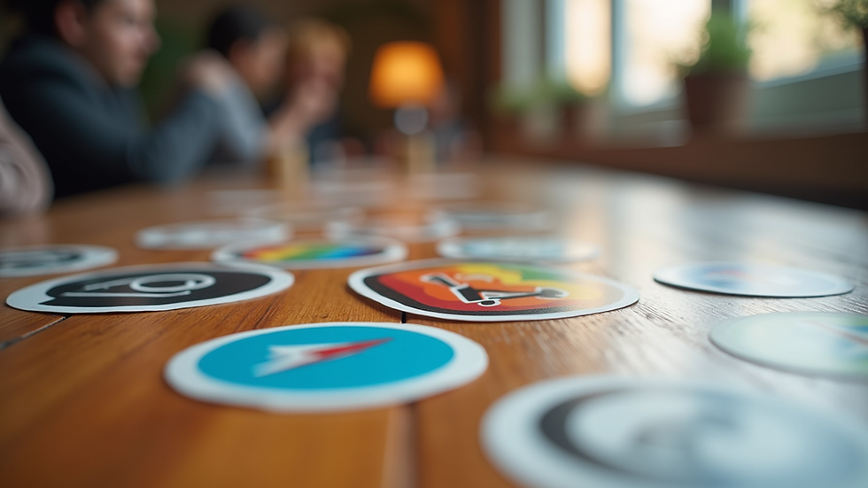 Close-up view of colorful custom stickers on a wooden table