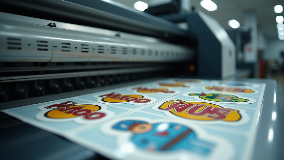 Eye-level view of a sticker printing machine producing colorful stickers