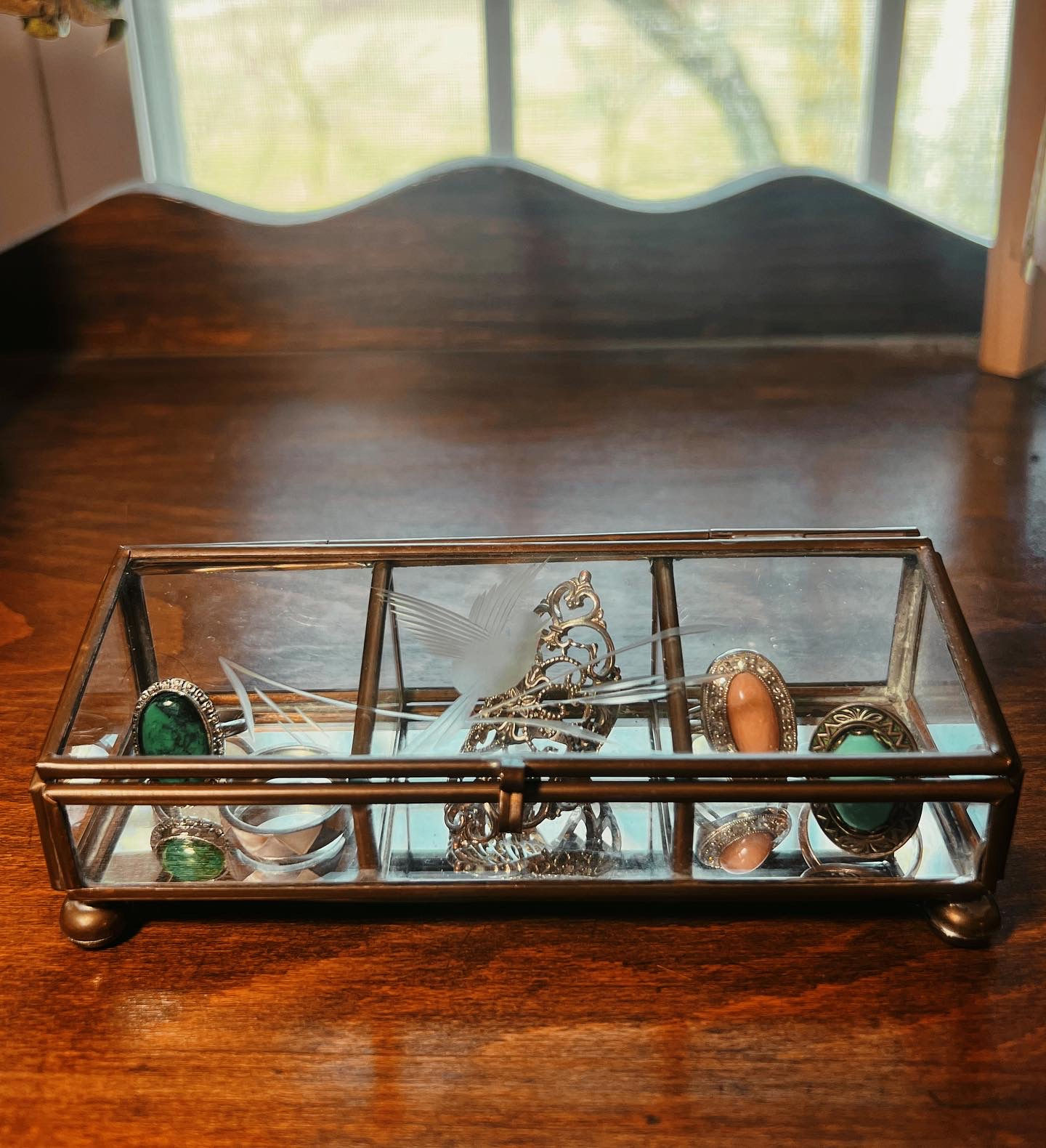 Vintage Brass & Glass Trinket Box | Etched Glass | Mirrored Bottom | Hecho